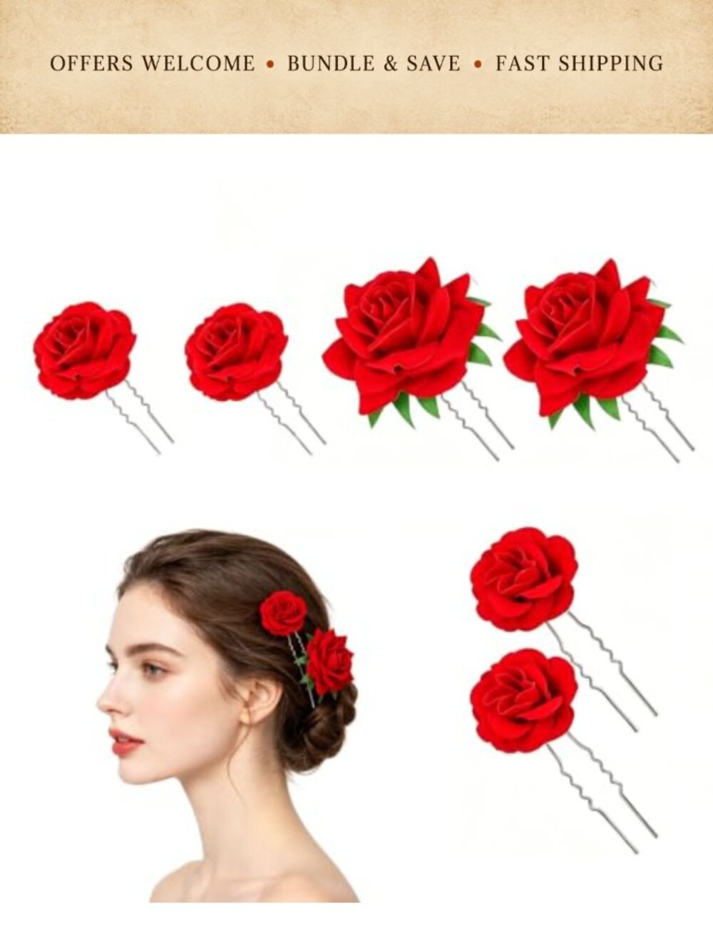 6PCS Fabric Alloy Rose Flower U Shaped Hairpins Bridal Wedding Hair Accessories